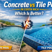 Concrete vs tile pools in Costa Rica showing a natural concrete pool and a luxury tile pool in a tropical setting.