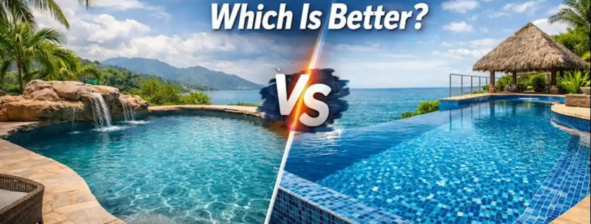 Concrete vs tile pools in Costa Rica showing a natural concrete pool and a luxury tile pool in a tropical setting.