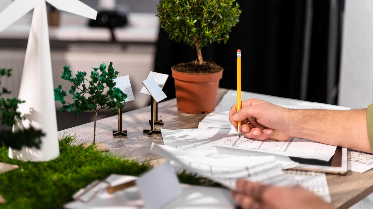 Close-up of a person working on an eco-friendly wind power project, drawing plans with a pencil and reviewing paper schematics.